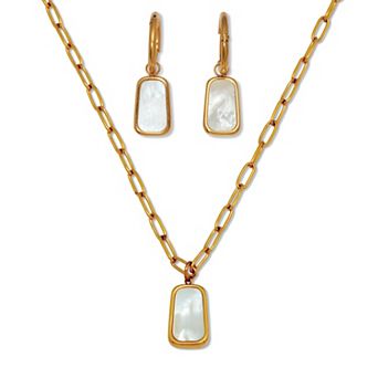 PalmBeach Jewelry Genuine Mother of Pearl Yellow Gold Ion-Plated Stainless Steel Drop Jewelry Set