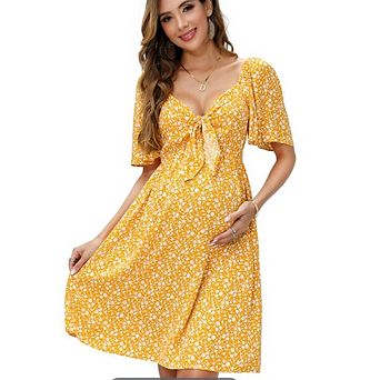 Women V-Neck Chest Tie Lotus Leaf Sleeve Maternity Dress