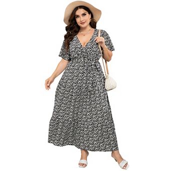 Women's Plus Size Maxi Dress High Waist Ruffle Dress Summer V Neck Dress