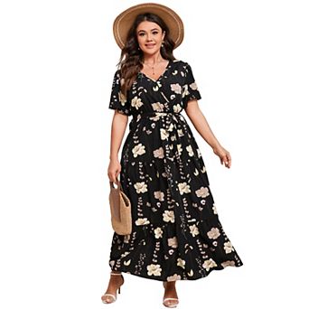 Women's Plus Size Maxi Dress High Waist Ruffle Dress Summer V Neck Dress