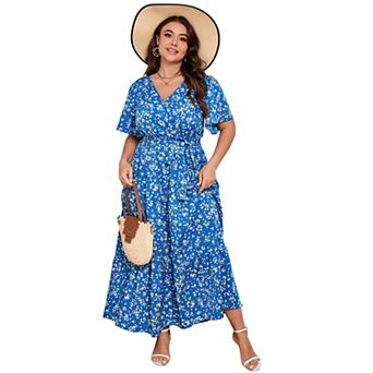 Women's Plus Size Maxi Dress High Waist Ruffle Dress Summer V Neck Dress