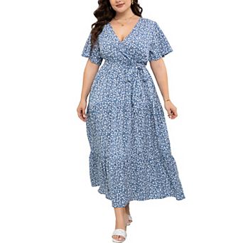 Women's Plus Size Maxi Dress High Waist Ruffle Dress Summer V Neck Dress