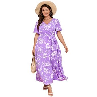 Women's Plus Size Maxi Dress High Waist Ruffle Dress Summer V Neck Dress