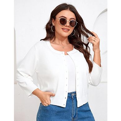Women Plus Size Cardigan 3/4 Sleeve Crew Neck Top Button Down Cropped Knit Sweater