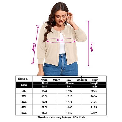 Women Plus Size Cardigan 3/4 Sleeve Crew Neck Top Button Down Cropped Knit Sweater