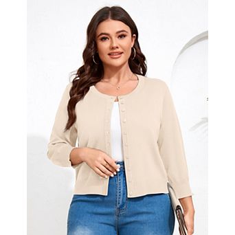 Women Plus Size Cardigan 3/4 Sleeve Crew Neck Top Button Down Cropped Knit Sweater