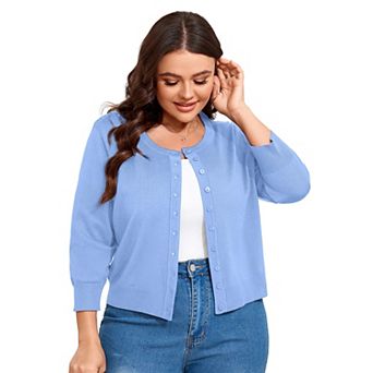 Women Plus Size Cardigan 3/4 Sleeve Crew Neck Top Button Down Cropped Knit Sweater