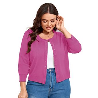 Women Plus Size Cardigan 3/4 Sleeve Crew Neck Top Button Down Cropped Knit Sweater