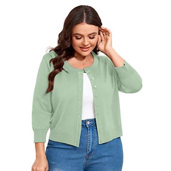 Women Plus Size Cardigan 3/4 Sleeve Crew Neck Top Button Down Cropped Knit Sweater