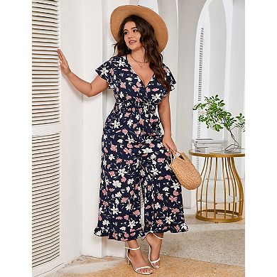 Women Plus Size Loose Short Sleeve One Piece Outfit Elastic Waist Wide Leg Jumpsuits