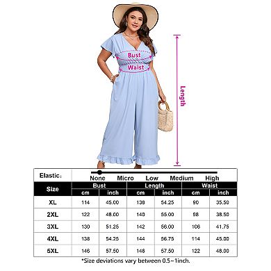 Women Plus Size Loose Short Sleeve One Piece Outfit Elastic Waist Wide Leg Jumpsuits
