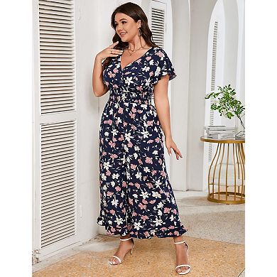 Women Plus Size Loose Short Sleeve One Piece Outfit Elastic Waist Wide Leg Jumpsuits