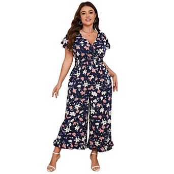 Wonder Plus Size Loose Short Sleeve One Piece Outfit Elastic Waist Wide Leg Jumpsuits