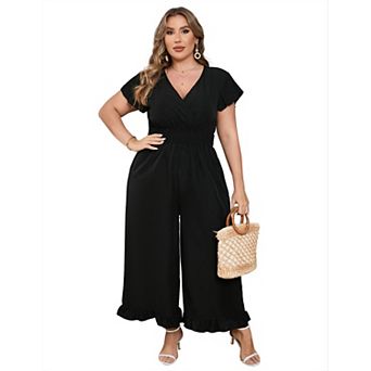 Wonder Plus Size Loose Short Sleeve One Piece Outfit Elastic Waist Wide Leg Jumpsuits
