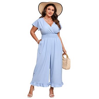 Women Plus Size Loose Short Sleeve One Piece Outfit Elastic Waist Wide Leg Jumpsuits