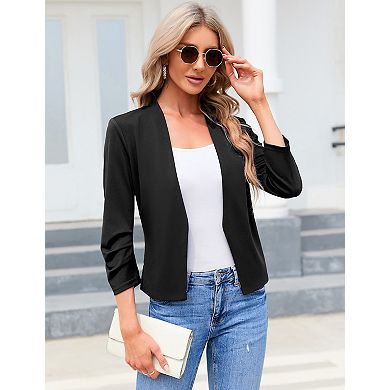 Women's Casual Blazer Basic Open Front Runched Hem 3/4 Sleeves Lightweight Shrug Jackets