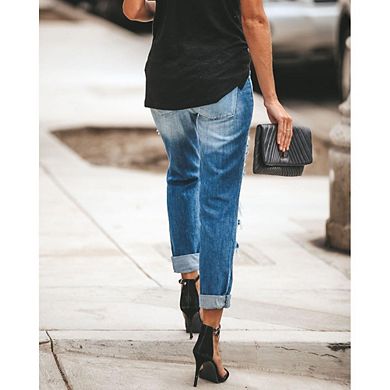 Women Vintage Casual Distressed High Rise Stretchy Denim Pants with Pockets