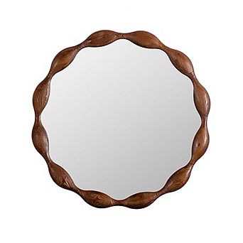 Rustic Farmhouse 32.28" Solid Wood Round Mirror with Unique Wavy Irregular Frame, Dark Brown