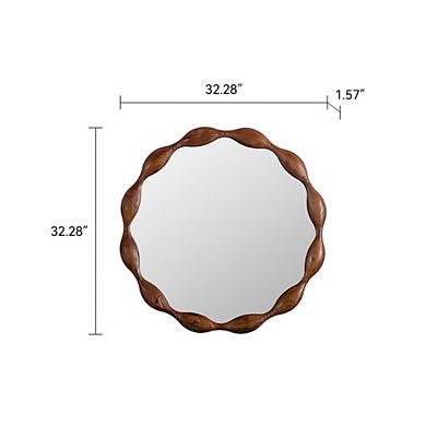 Rustic Farmhouse 32.28" Solid Wood Round Mirror with Unique Wavy Irregular Frame, Dark Brown