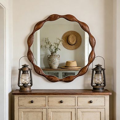 Rustic Farmhouse 32.28" Solid Wood Round Mirror with Unique Wavy Irregular Frame, Dark Brown