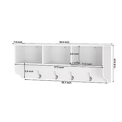 White Entryway Wall Mounted Coat Rack with 4 Dual Hooks Living Room Wooden Storage Shelf