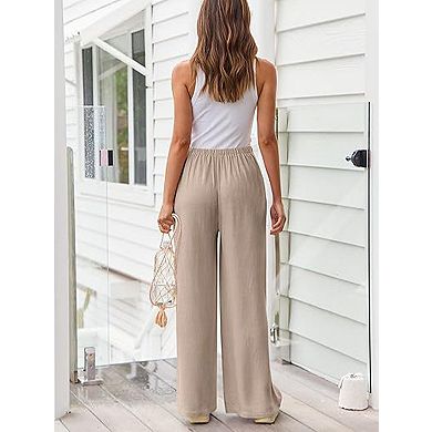 Women's Linen Pants Flowy Wide Leg Beach Pants with Pockets