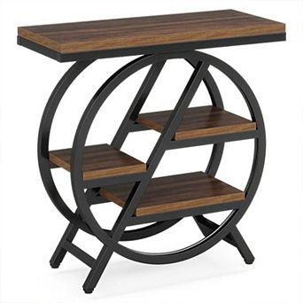 Side Table with 4 tier Staggered Shelving, Matte Black Metal Frame & Rustic Brown Particle Board