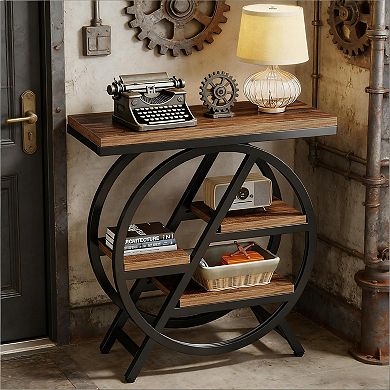 Side Table with 4-Tier Staggered Shelving, Matte Black Metal Frame & Rustic Brown Particle Board