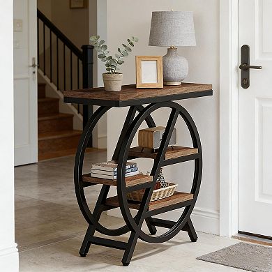 Side Table with 4-Tier Staggered Shelving, Matte Black Metal Frame & Rustic Brown Particle Board