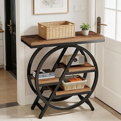 Side Table with 4-Tier Staggered Shelving, Matte Black Metal Frame & Rustic Brown Particle Board