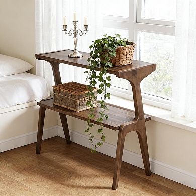 Solid Wood Storage Hall Table with Two Shelves, Compact End Table for Sofa or Bedroom