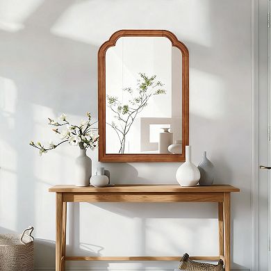 Yellow Brown 20x30 Inch Solid Wood Frame Rounded Corner Decorative Wall Mirror
