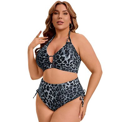 Women's Plus Size Two Piece Swimsuit Halter Back Self Tie Curvy Cutout String Bathing Suit