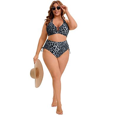 Women's Plus Size Two Piece Swimsuit Halter Back Self Tie Curvy Cutout String Bathing Suit