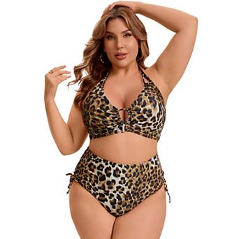 Women's Plus Size Two Piece Swimsuit Halter Back Self Tie Curvy Cutout String Bathing Suit