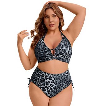 Women's Plus Size Two Piece Swimsuit Halter Back Self Tie Curvy Cutout String Bathing Suit