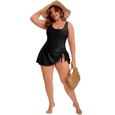 Women's Plus Size 1 Piece Swimdress Tummy Control Push Up Tie Knot Bathing Suit with Built-In Shorts