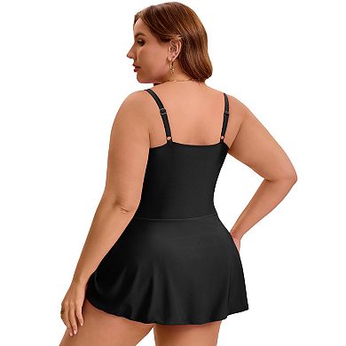 Women's Plus Size 1 Piece Swimdress Tummy Control Push Up Tie Knot Bathing Suit with Built-In Shorts