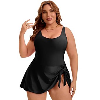 Women's Plus Size 1 pc Swimdress Tummy Control Push Up Tie Knot Bathing Suit with Built-In Shorts