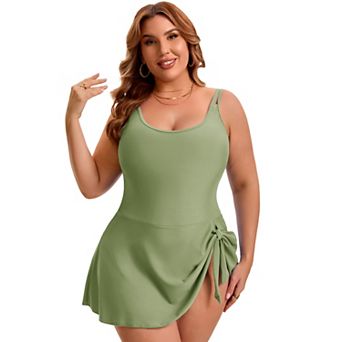 Women's Plus Size 1 pc Swimdress Tummy Control Push Up Tie Knot Bathing Suit with Built-In Shorts