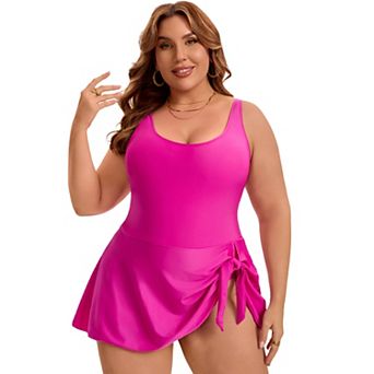Women's Plus Size 1 pc Swimdress Tummy Control Push Up Tie Knot Bathing Suit with Built-In Shorts