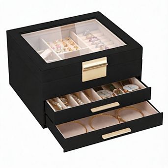 Glass lid jewelry box with drawer; can store necklaces, rings, earrings, and bracelets