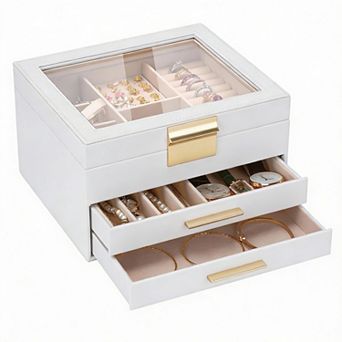 Glass lid jewelry box with drawer; can store necklaces, rings, earrings, and bracelets