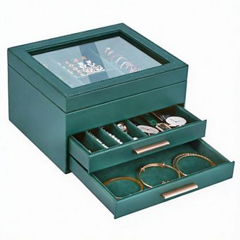 Glass lid jewelry box with drawer; can store necklaces, rings, earrings, and bracelets