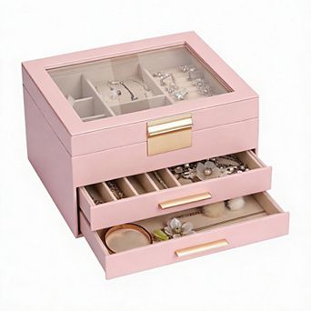 Glass lid jewelry box with drawer; can store necklaces, rings, earrings, and bracelets