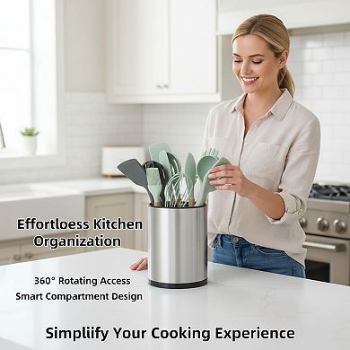 Extra Large Rotating Utensil Holder Stainless Steel with 3 Compartments