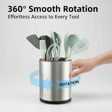 Extra Large Rotating Utensil Holder Stainless Steel with 3 Compartments