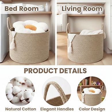 Woven Blanket Basket with Handles Laundry and Toy Storage for Living Room