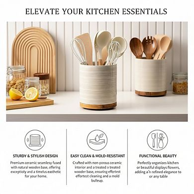 Rotating Ceramic Utensil Holder with Wooden Base for Countertop Organization