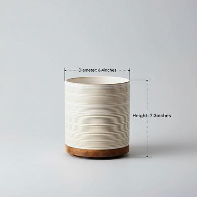 Rotating Ceramic Utensil Holder with Wooden Base for Countertop Organization